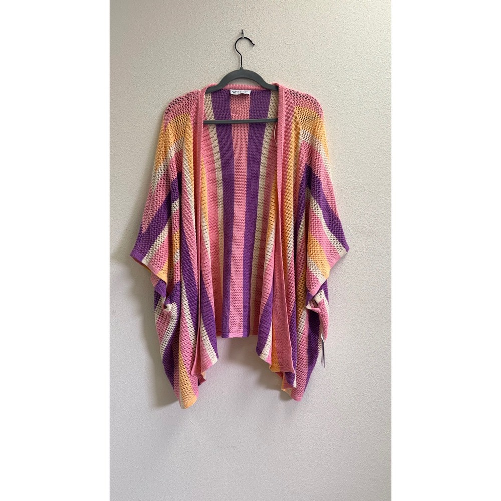 Jessica Simpson Cordelia Pointelle Kimono Sea Pink Striped Knit Cardigan S/M New